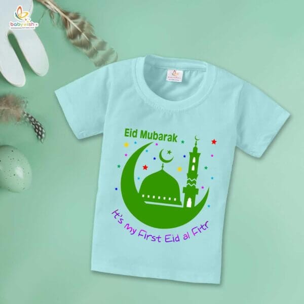 Eid T-shirt for Kids Unisex Ramadan Topwear Outfit Printed Half Sleeve Tshirt Dress for Boy n Girl " My First Eid-al-Fitr " - Image 3