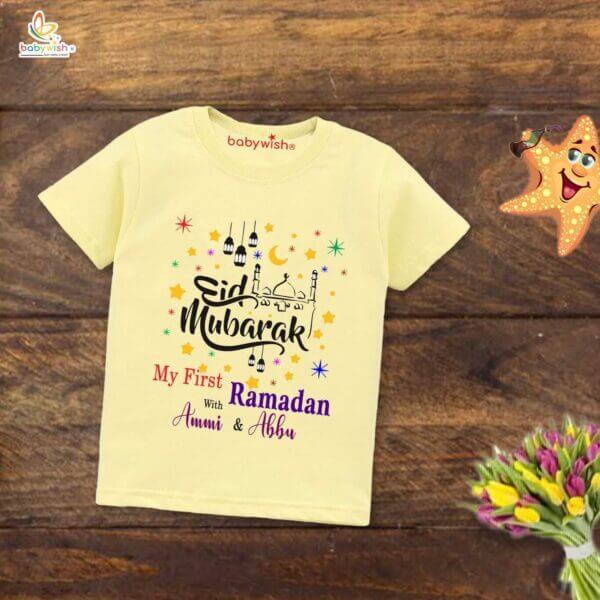 Eid T-shirt for Kids Unisex Ramadan Topwear Outfit Printed Half Sleeve Tshirt Dress for Boy n Girl " Ramadan with Ammi Abbu " - Image 4