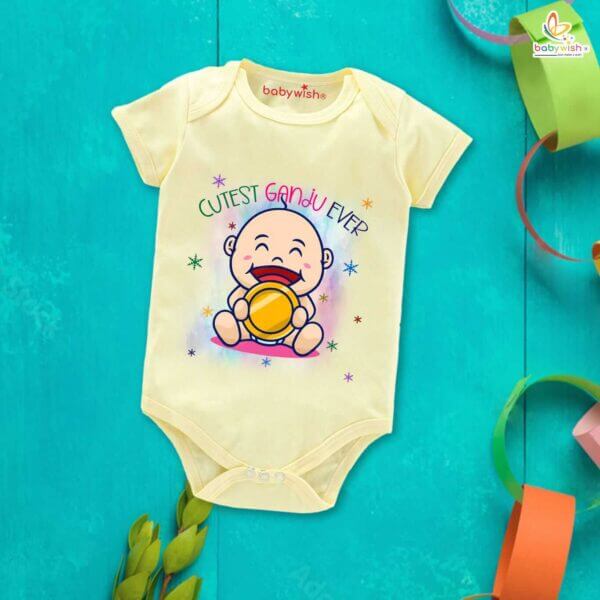 Newborn mundan ceremony clothes Bodysuit romper for Unisex Onesies Infant Half Sleeve |Cutest Ganju Ever | - Image 4