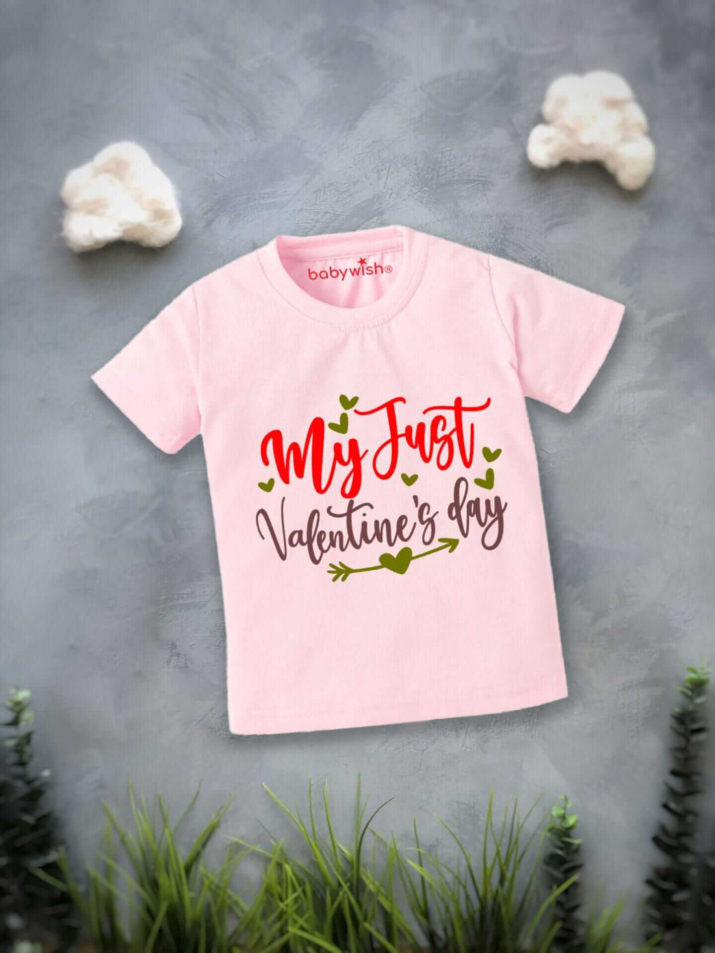 Valentine Day T-shirt for Kids | Unisex Valentine Outfit | Printed Half Sleeve Topwear Tshirt Dress for Baby Boy & Girl "My Just Valentine" | Cute Valentine Gift Clothing for Kids | Babywish