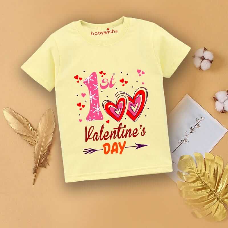 Valentine’s Day T-shirt for Kids | Unisex Valentine Topwear Outfit | Printed Half Sleeve T-shirt Dress for Boys & Girls “1st Heart Printed” | Cute Gift for Kids