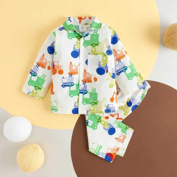 Kids Sleepsuit for Baby Boy’s and Girl’s Topwear and Pajamas Set Long Sleeve Sleepwear Baby Clothing Sets - White Construction Print