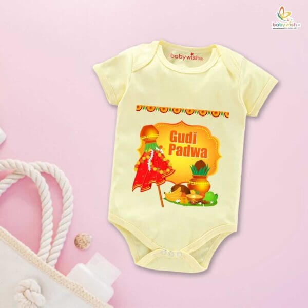 Baby First Gudi Padwa Romper Clothes Baby gudi padwa festival Bodysuits Newborn Outfit Envelop Neck Half Sleeve Unisex Onesies "Worship on Gudi Padwa Festival" - Image 3