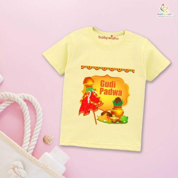Gudi Padwa T-shirt for Kids Unisex Gudi Padwa Topwear Outfit Printed Half Sleeve Tshirt Dress for Boy n Girl "Worship on Gudi Padwa Festival" - Image 2